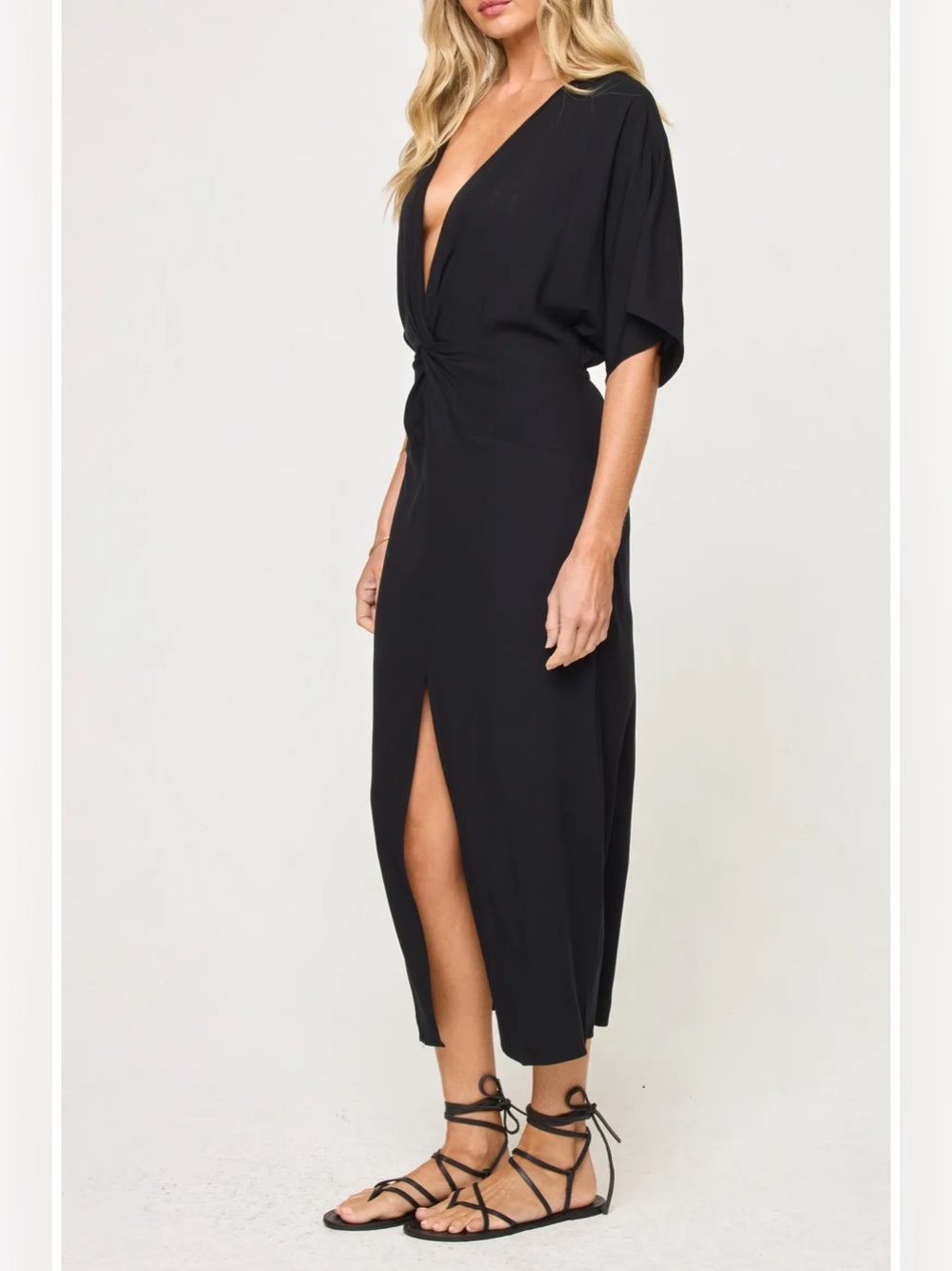 LSPACE Black Madison Cover-Up Midi Dress SZ M Elastic Waist Plunge Neck NEW